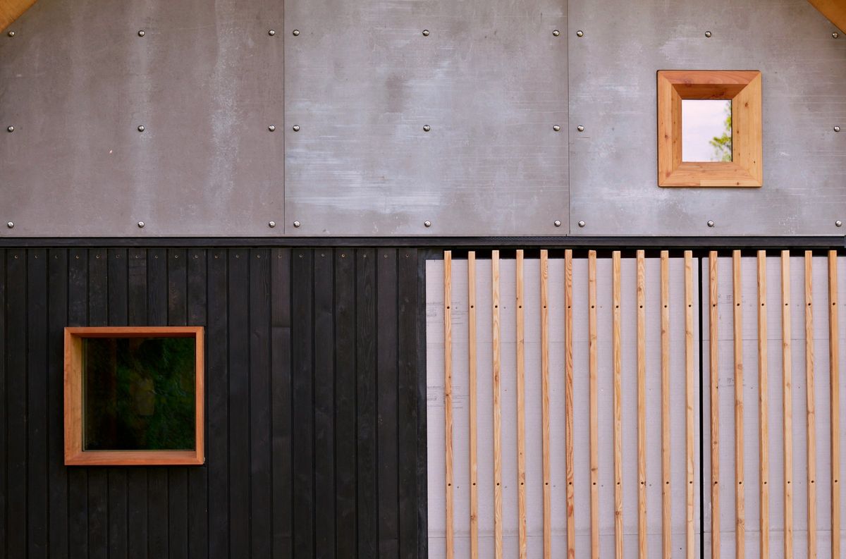 Charred timber, concrete board, framed windows and slatted doors