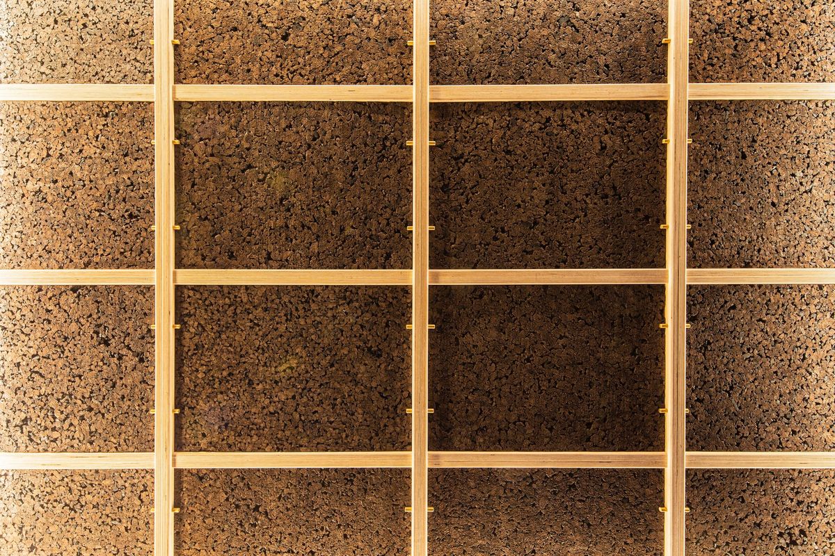 Cork ceiling panels in a birch ply grid