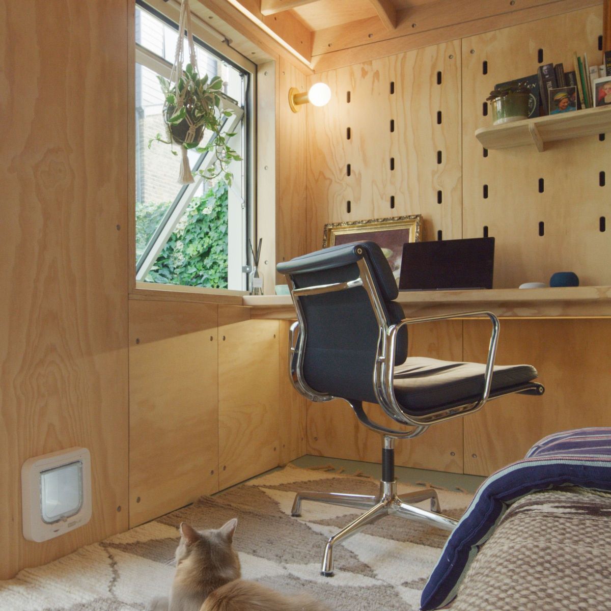 Home office desk corner with the cat