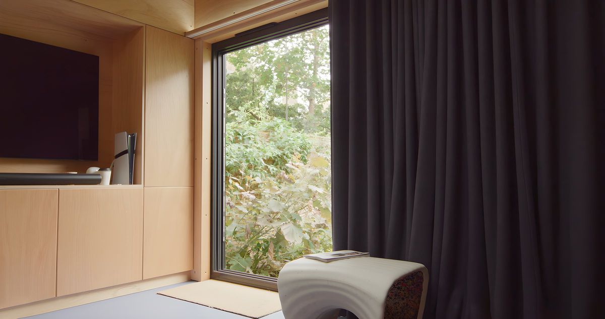 TV cabinet and the full-height window onto the planting