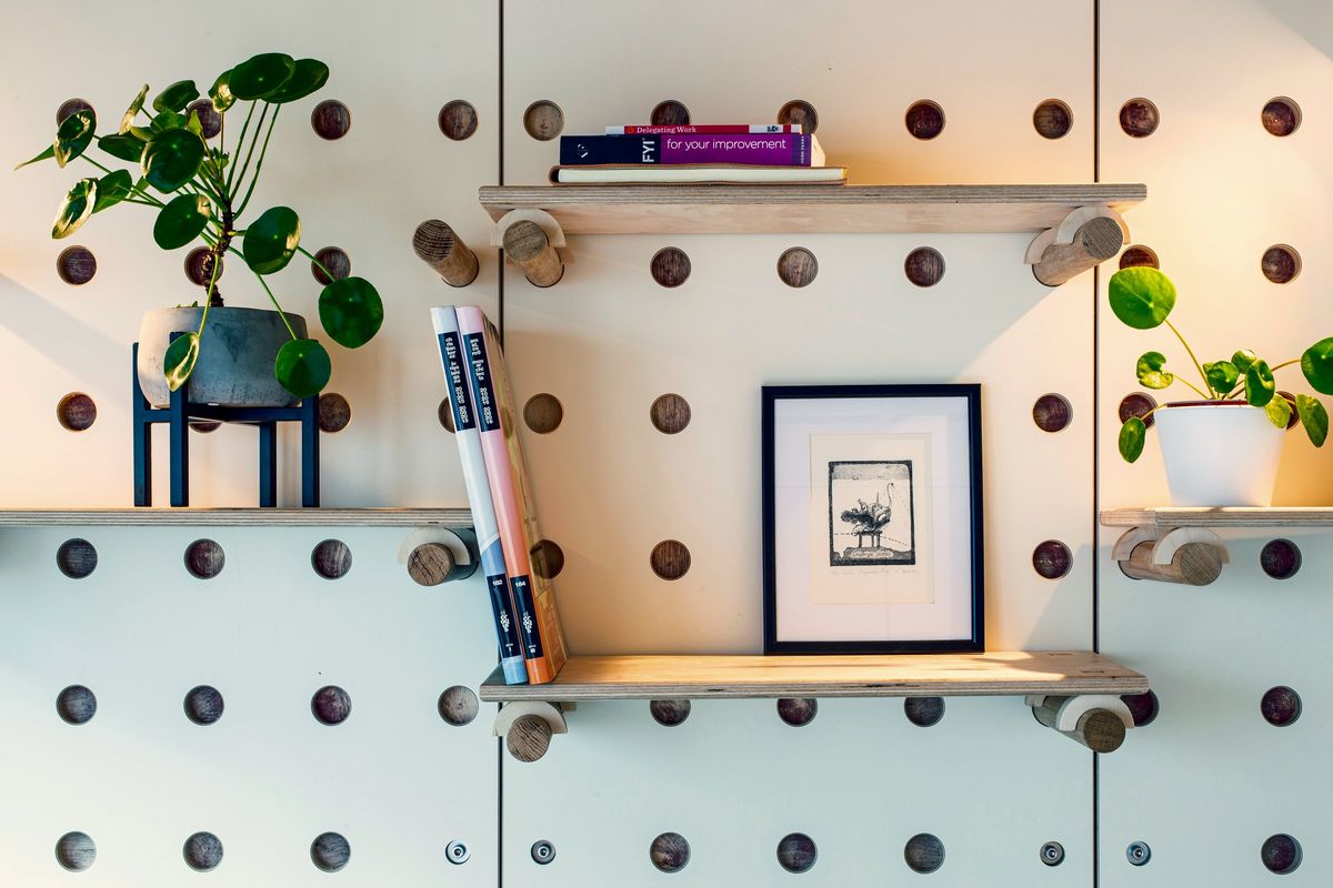 Peg wall shelves with plants, books and a frame
