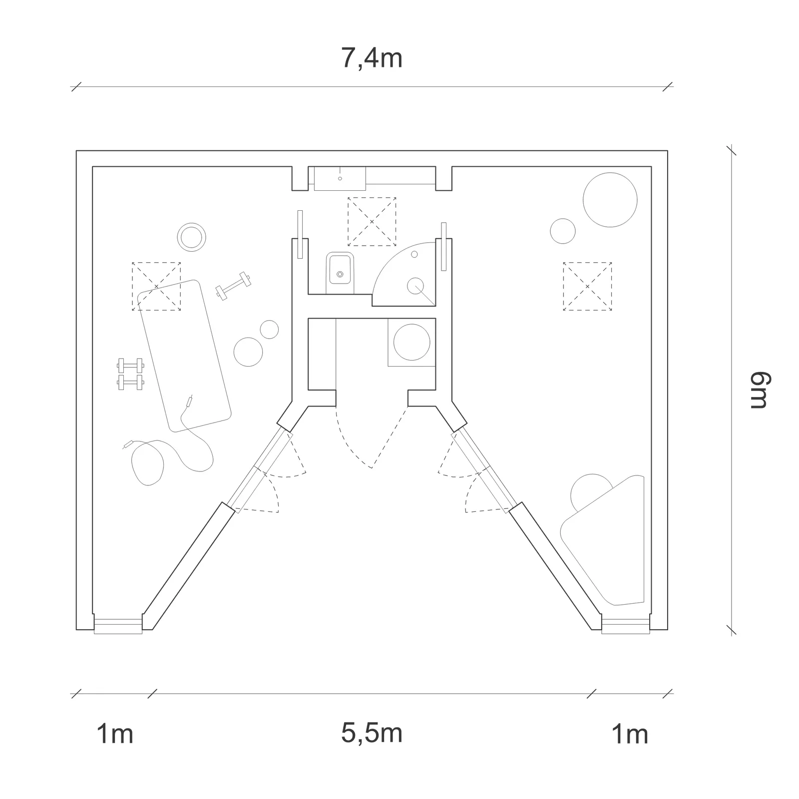 Floor plan of A lively U-shape studio, gym and en suite