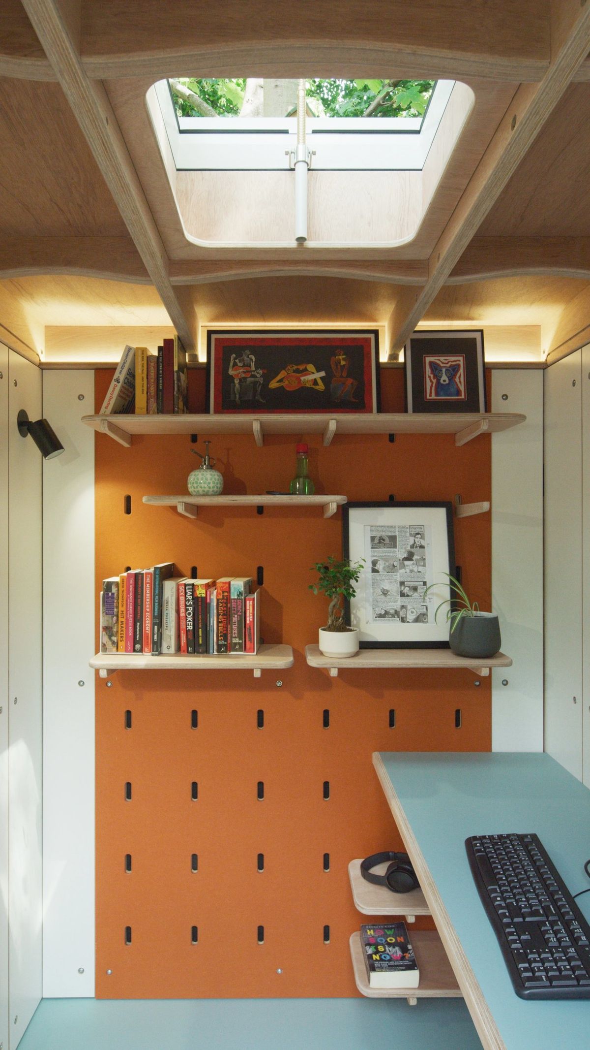Skylight, peg wall with shelves, and the desk