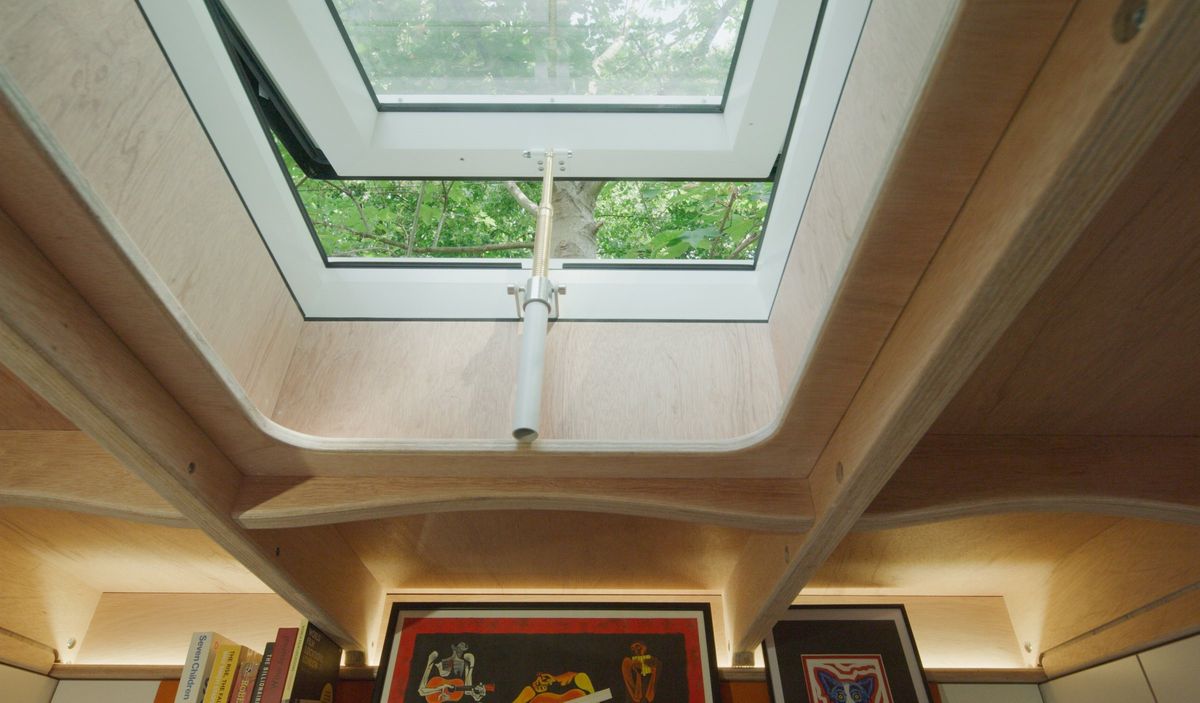 Opening skylight in the curved ply ceiling, tree above