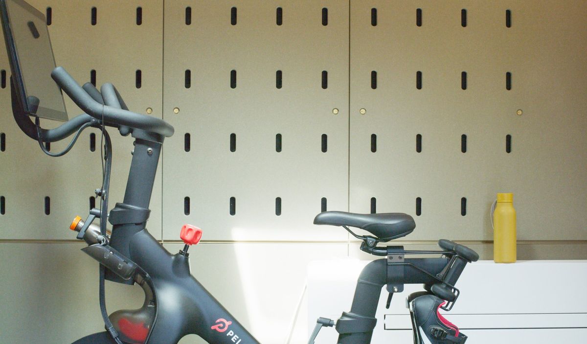 Exercise bike against the peg wall in the garden gym wing